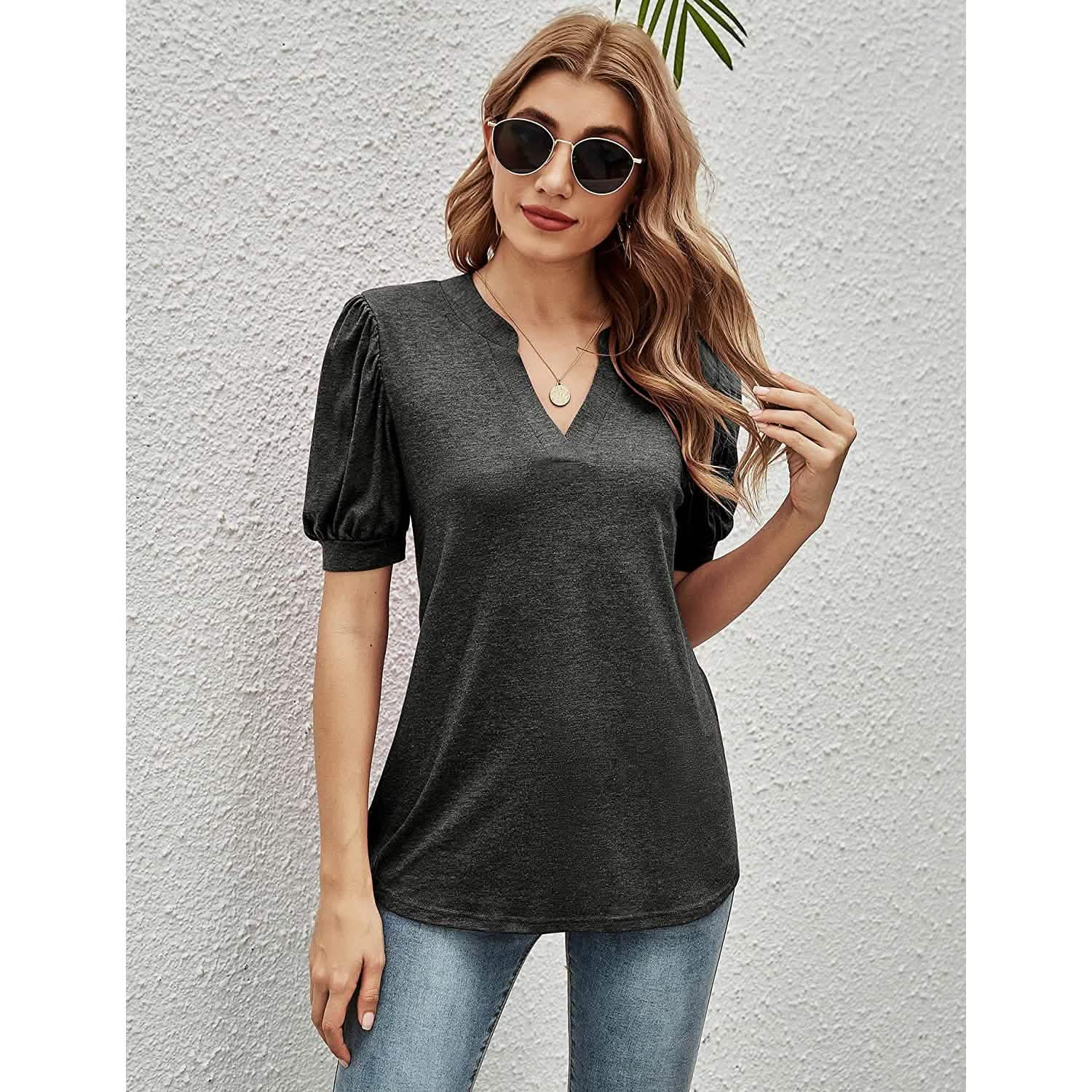 Romanstii Women Casual V-neck T-Shirts Loose Puff Short DailySale