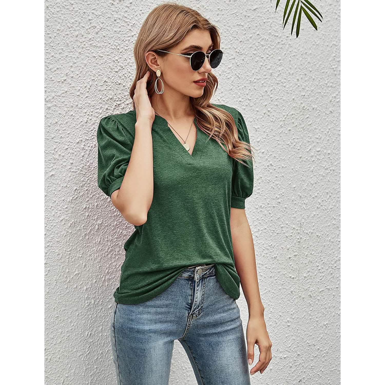 Romanstii Women Casual V-neck T-Shirts Loose Puff Short DailySale