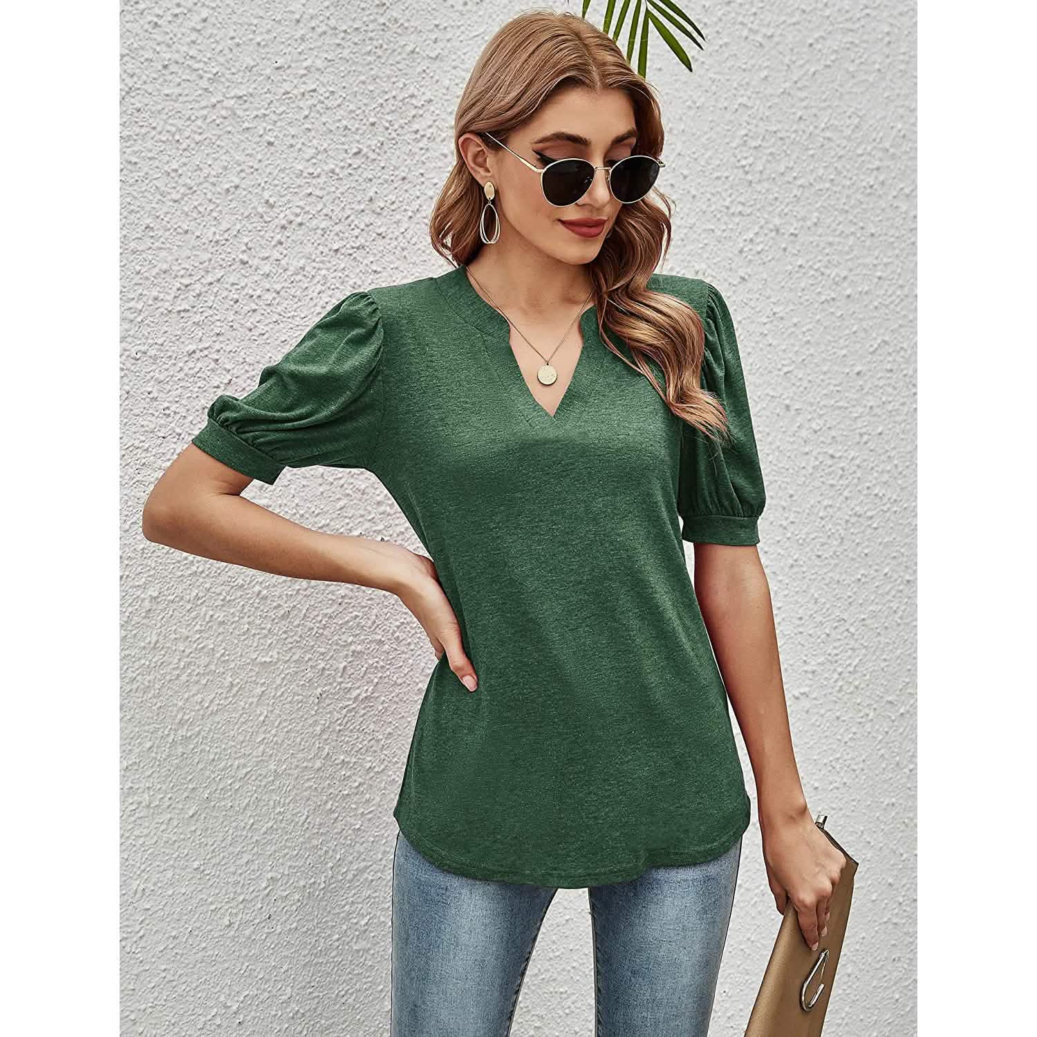 Romanstii Women Casual V-neck T-Shirts Loose Puff Short DailySale