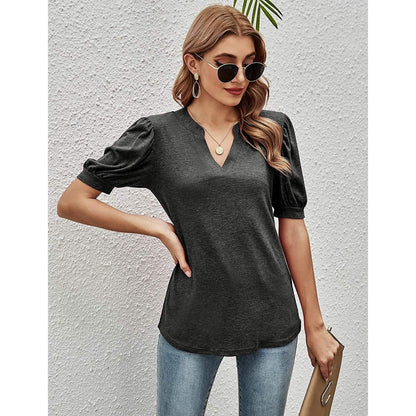 Romanstii Women Casual V-neck T-Shirts Loose Puff Short DailySale