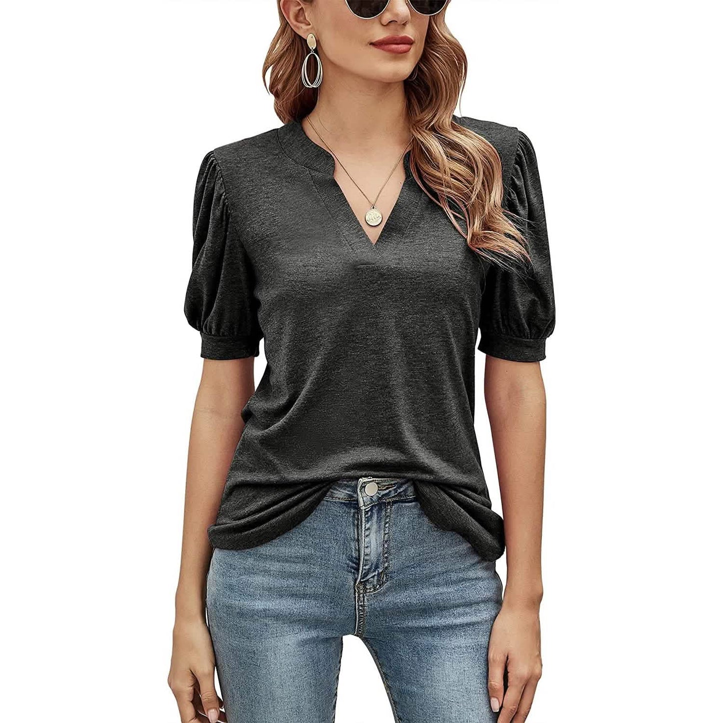 Romanstii Women Casual V-neck T-Shirts Loose Puff Short DailySale