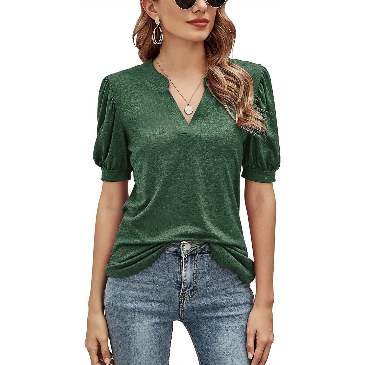 Romanstii Women Casual V-neck T-Shirts Loose Puff Short DailySale