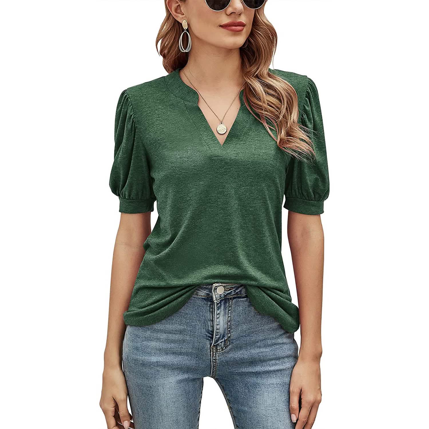 Romanstii Women Casual V-neck T-Shirts Loose Puff Short DailySale