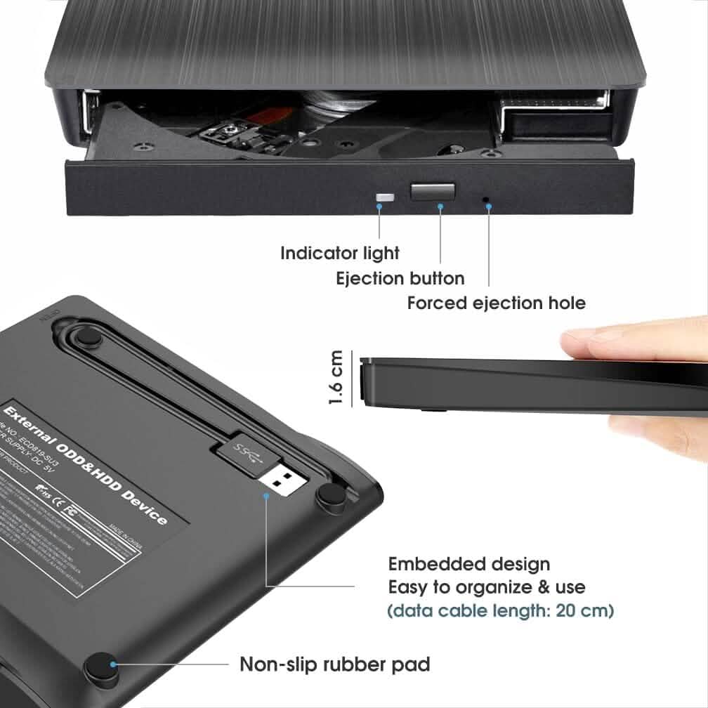 ROOFULL External CD DVD Drive USB 3.0 CD-Burner Premium Portable CD-ROM DVD+/-RW Optical Disc Drive Player Reader Rewriter  (Refurbished) DailySale