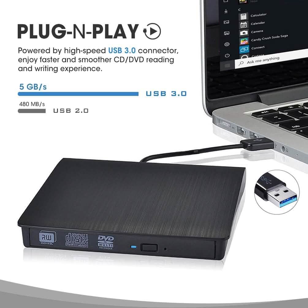 ROOFULL External CD DVD Drive USB 3.0 CD-Burner Premium Portable CD-ROM DVD+/-RW Optical Disc Drive Player Reader Rewriter  (Refurbished) DailySale