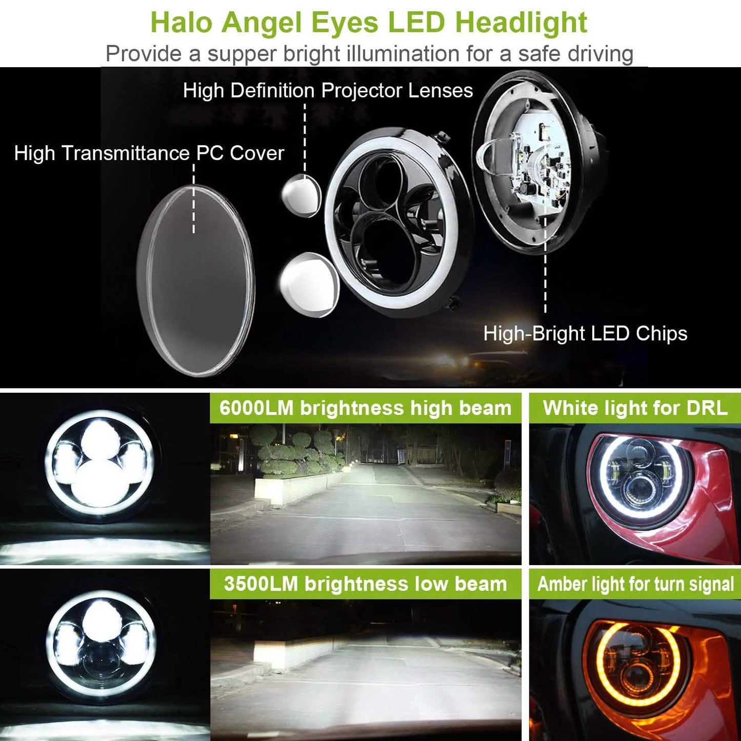 Round LED Headlight Halo Angel Eyes for Jeep Wrangler DailySale