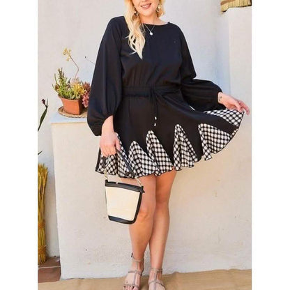 Round Neck 3/4 Bubble Sleeve Gingham Ruffle Romper DailySale