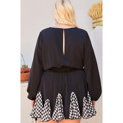Round Neck 3/4 Bubble Sleeve Gingham Ruffle Romper DailySale