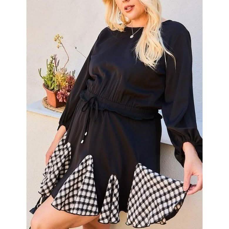 Round Neck 3/4 Bubble Sleeve Gingham Ruffle Romper DailySale