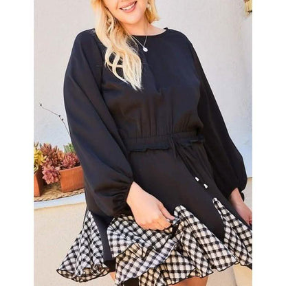 Round Neck 3/4 Bubble Sleeve Gingham Ruffle Romper DailySale