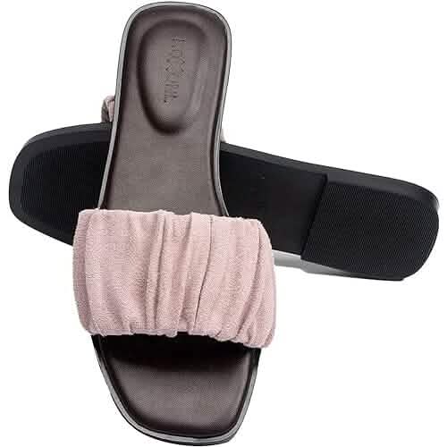 Roxoni Women's Ruched Fabric Slide Sandals Open Toe Flat Sandals with Heel Cushion DailySale