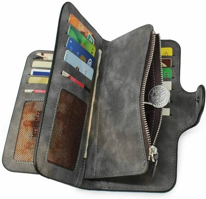 Vintage Faux Leather Long Wallet – Trifold Credit Card Holder with Snap & Zipper DailySale