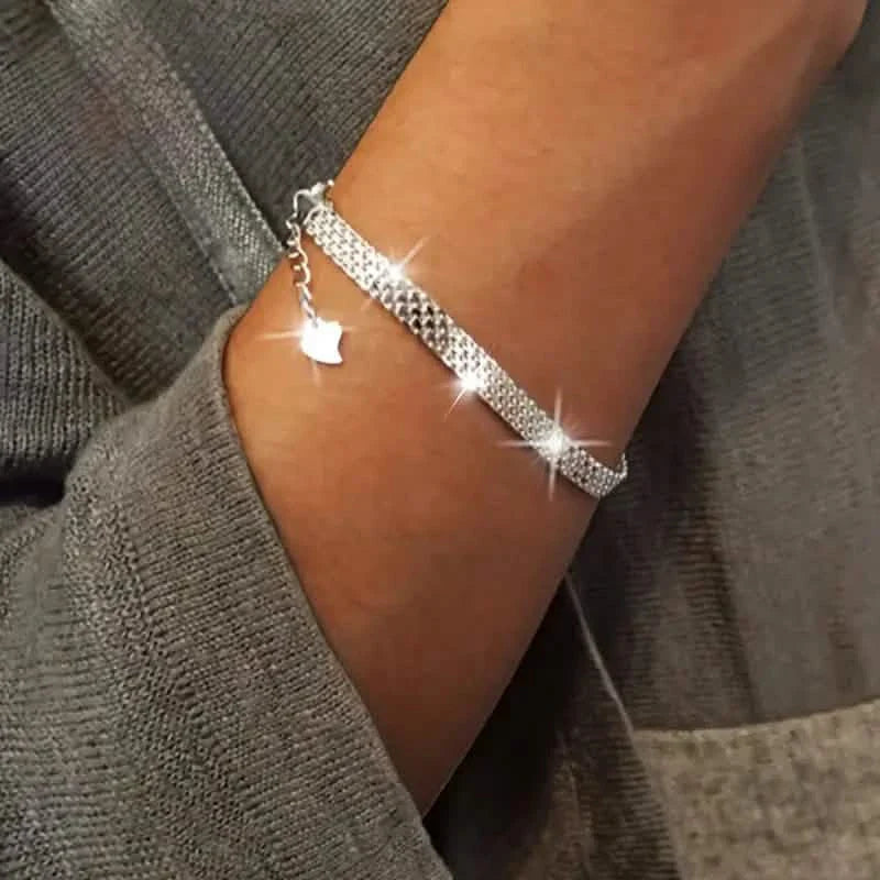 S925 Sterling Silver Chain Bracelet, Sparkling Mesh Embossing Pattern Jewelry DailySale