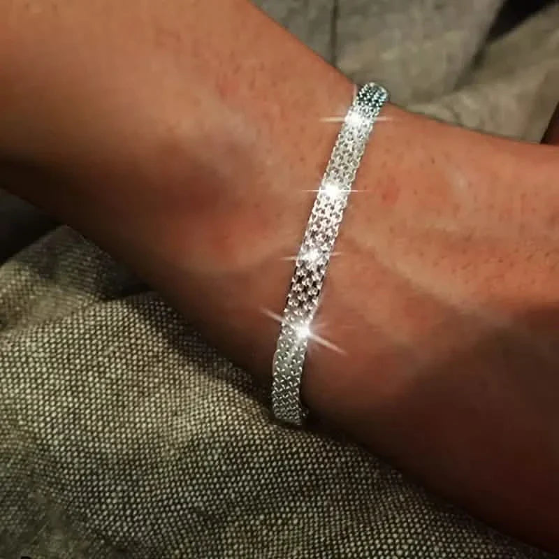 S925 Sterling Silver Chain Bracelet, Sparkling Mesh Embossing Pattern Jewelry DailySale