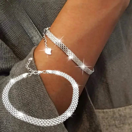 S925 Sterling Silver Chain Bracelet, Sparkling Mesh Embossing Pattern Jewelry DailySale
