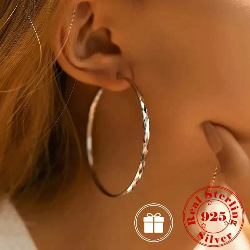 S925 Sterling Silver Hoop Earrings With Exaggerated Large Circle Diamond Pattern Hoop DailySale