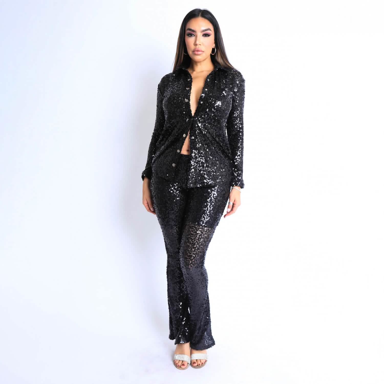Sequin Button Down Shirt and Pant Set DailySale