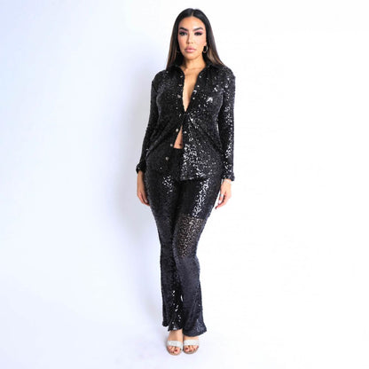 Sequin Button Down Shirt and Pant Set DailySale