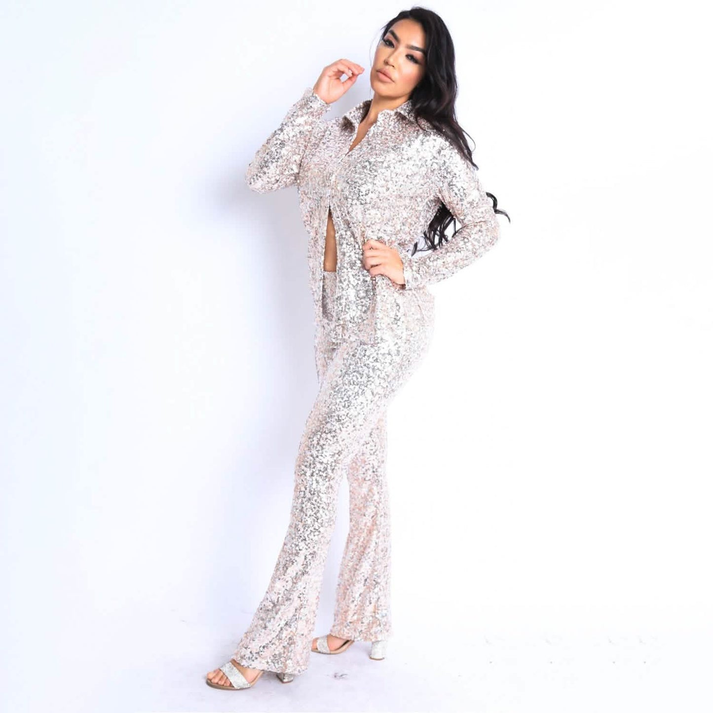 Sequin Button Down Shirt and Pant Set DailySale