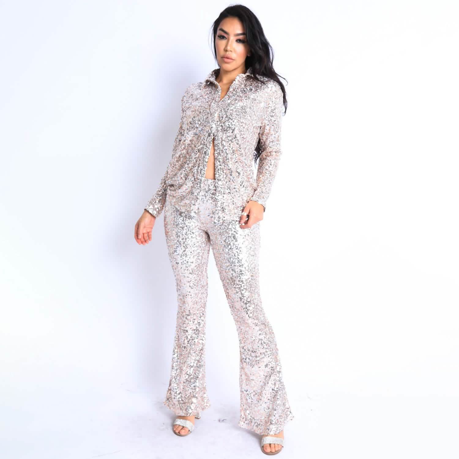 Sequin Button Down Shirt and Pant Set DailySale