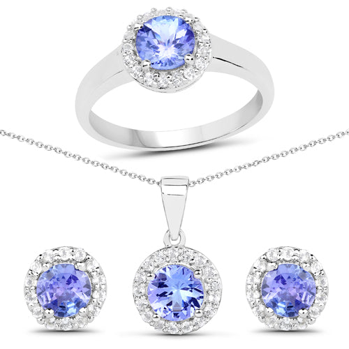 3.77 Carat Genuine Tanzanite and White Topaz .925 Sterling Silver 3 Piece Jewelry Set (Ring, Earrings, and Pendant w/ Chain) Bids.com