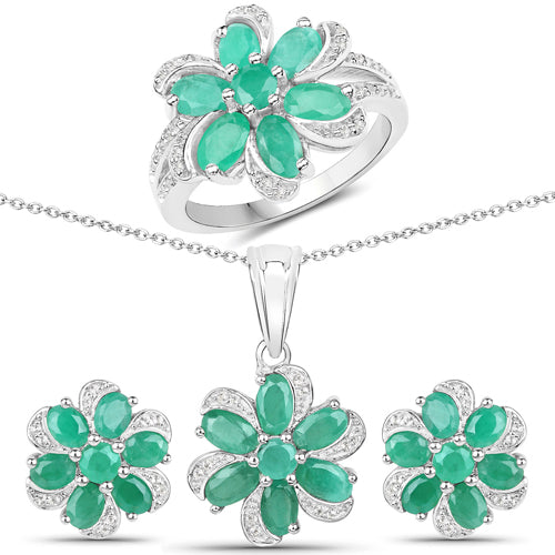 7.84 Carat Genuine Emerald and White Topaz .925 Sterling Silver 3 Piece Jewelry Set (Ring, Earrings, and Pendant w/ Chain) Bids.com