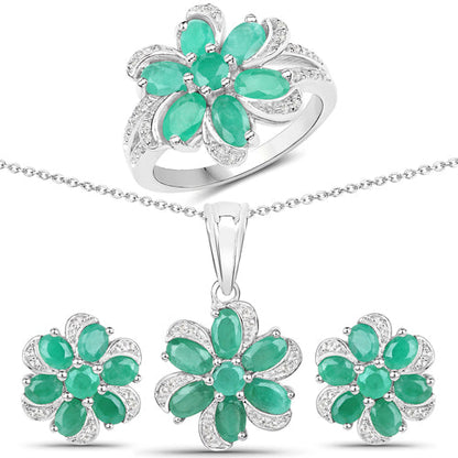7.84 Carat Genuine Emerald and White Topaz .925 Sterling Silver 3 Piece Jewelry Set (Ring, Earrings, and Pendant w/ Chain) Bids.com