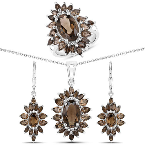16.36 Carat Genuine Smoky Quartz .925 Sterling Silver 3 Piece Jewelry Set (Ring, Earrings, and Pendant w/ Chain) Bids.com