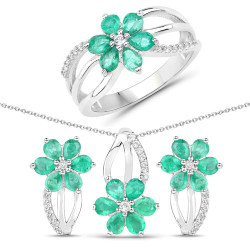 3.61 Carat Genuine Emerald and White Topaz .925 Sterling Silver Set (Ring, Earrings, and Pendant ) Bids.com