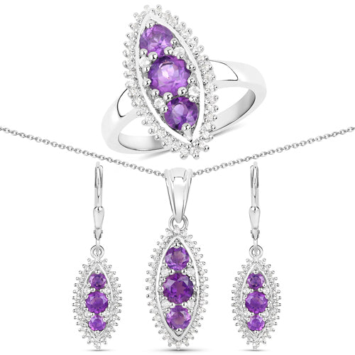 3.60 Carat Genuine Amethyst and White Topaz .925 Sterling Silver 3 Piece Jewelry Set (Ring, Earrings, and Pendant w/ Chain) Bids.com