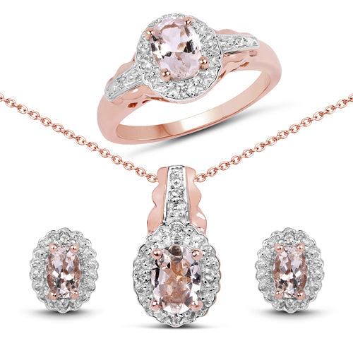 2.28 Carat Genuine Morganite and White Topaz .925 Sterling Silver 3 Piece Jewelry Set (Ring, Earrings, and Pendant w/ Chain) Bids.com