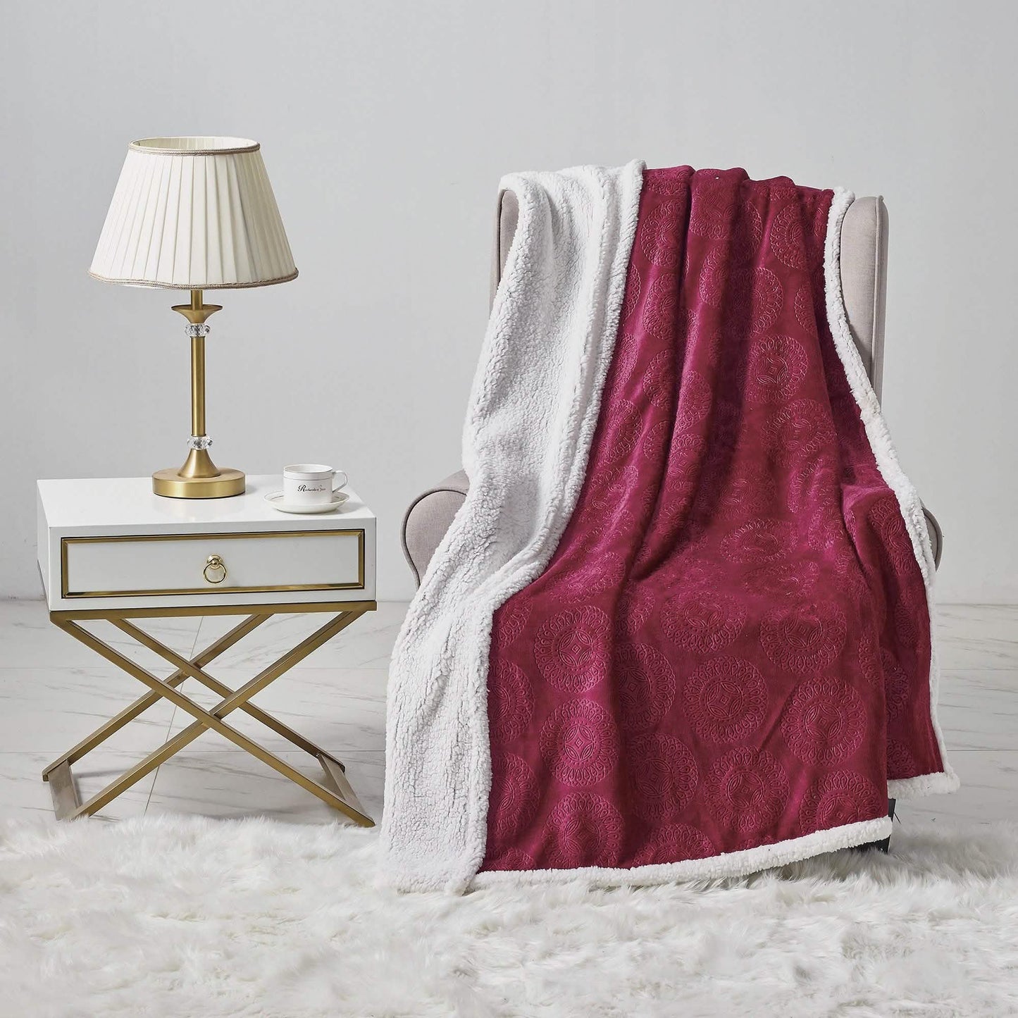 Sheradian Embossed Print Fleece/Caesar Sherpa Reversible Throw Blanket DailySale