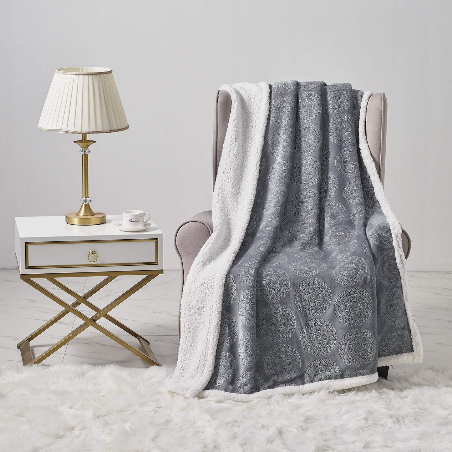 Sheradian Embossed Print Fleece/Caesar Sherpa Reversible Throw Blanket DailySale