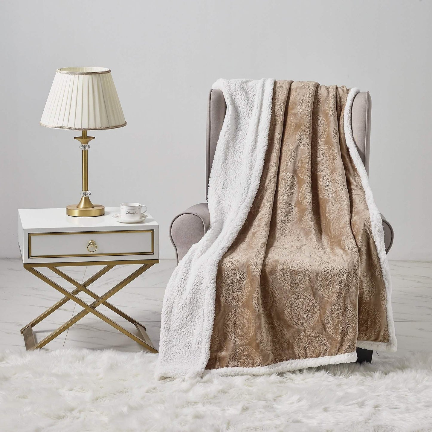 Sheradian Embossed Print Fleece/Caesar Sherpa Reversible Throw Blanket DailySale
