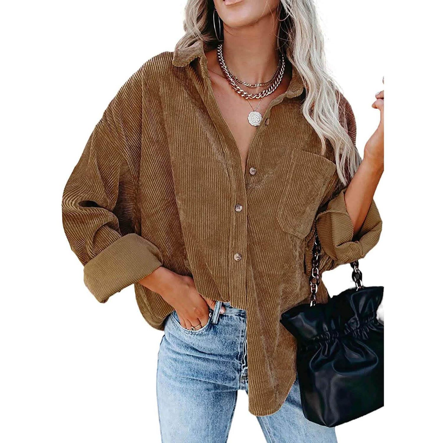 Sidefeel Women Corduroy Long Sleeve Button Down Shirt Oversized Jacket Tops DailySale