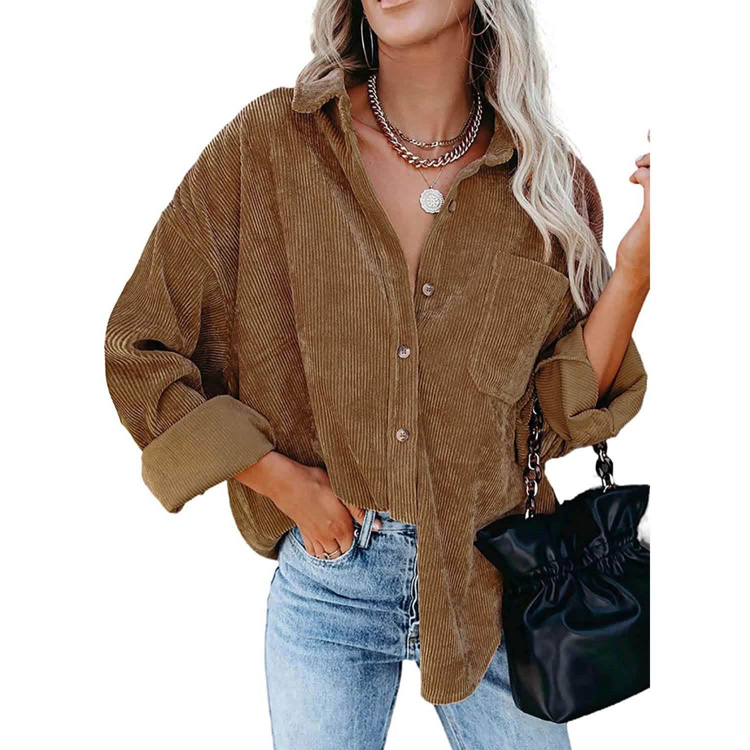 Sidefeel Women Corduroy Long Sleeve Button Down Shirt Oversized Jacket Tops DailySale