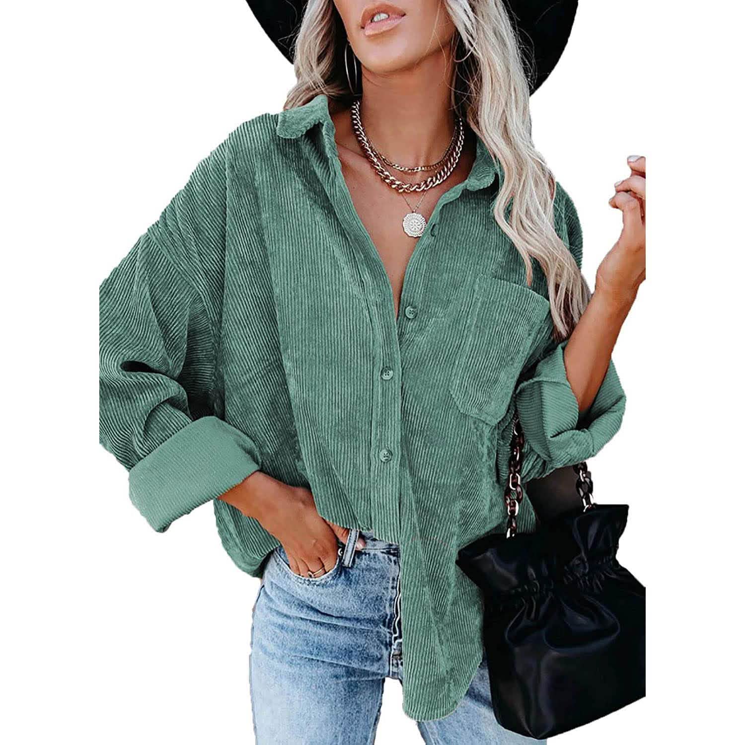 Sidefeel Women Corduroy Long Sleeve Button Down Shirt Oversized Jacket Tops DailySale