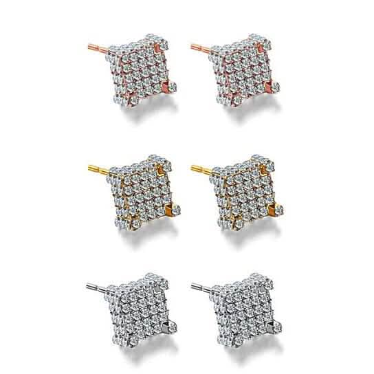 Silver Micro Pave Stud Earrings Clear Square 3D Sidestones DailySale