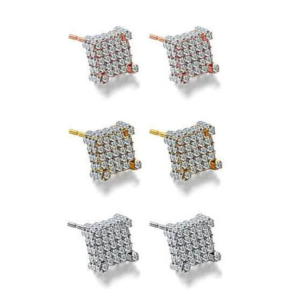 Silver Micro Pave Stud Earrings Clear Square 3D Sidestones DailySale