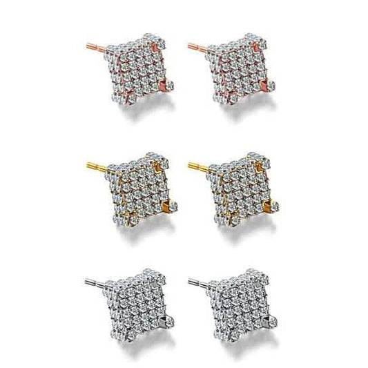 Silver Micro Pave Stud Earrings Clear Square 3D Sidestones DailySale