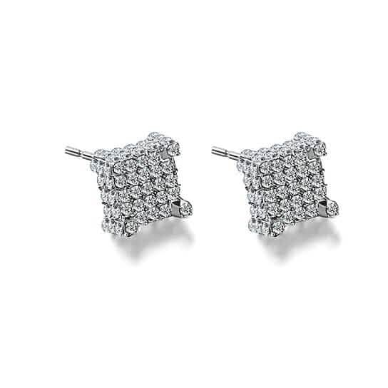 Silver Micro Pave Stud Earrings Clear Square 3D Sidestones DailySale