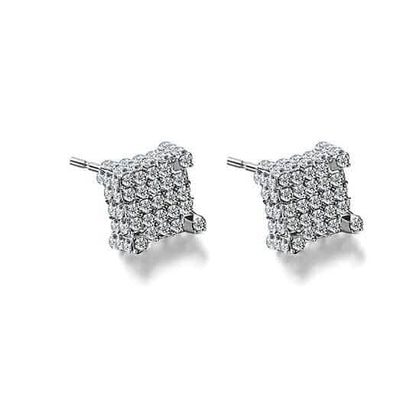 Silver Micro Pave Stud Earrings Clear Square 3D Sidestones DailySale