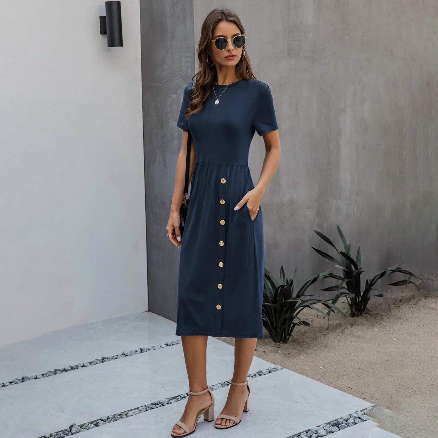 Slant Pocket Button Detail Dress DailySale