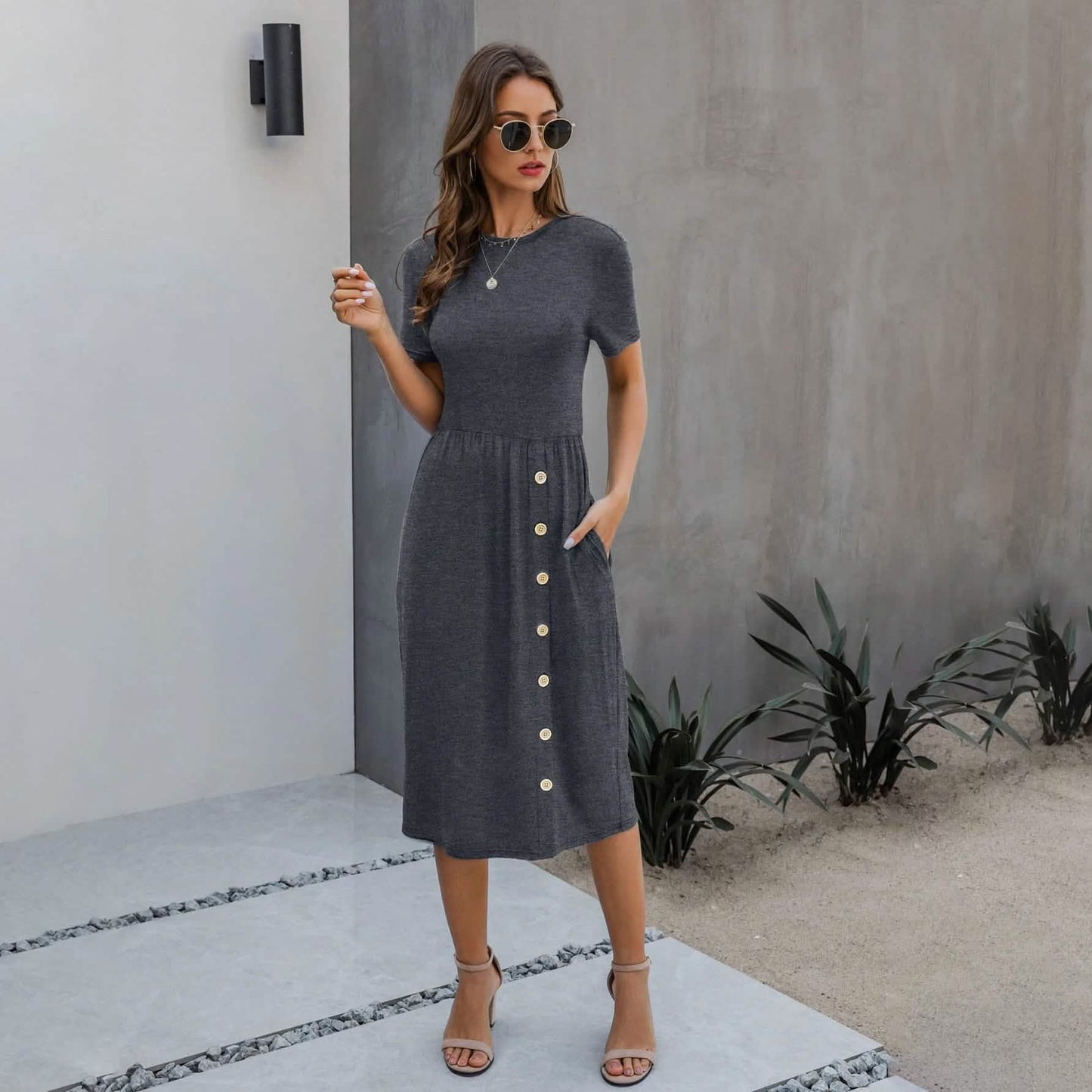 Slant Pocket Button Detail Dress DailySale