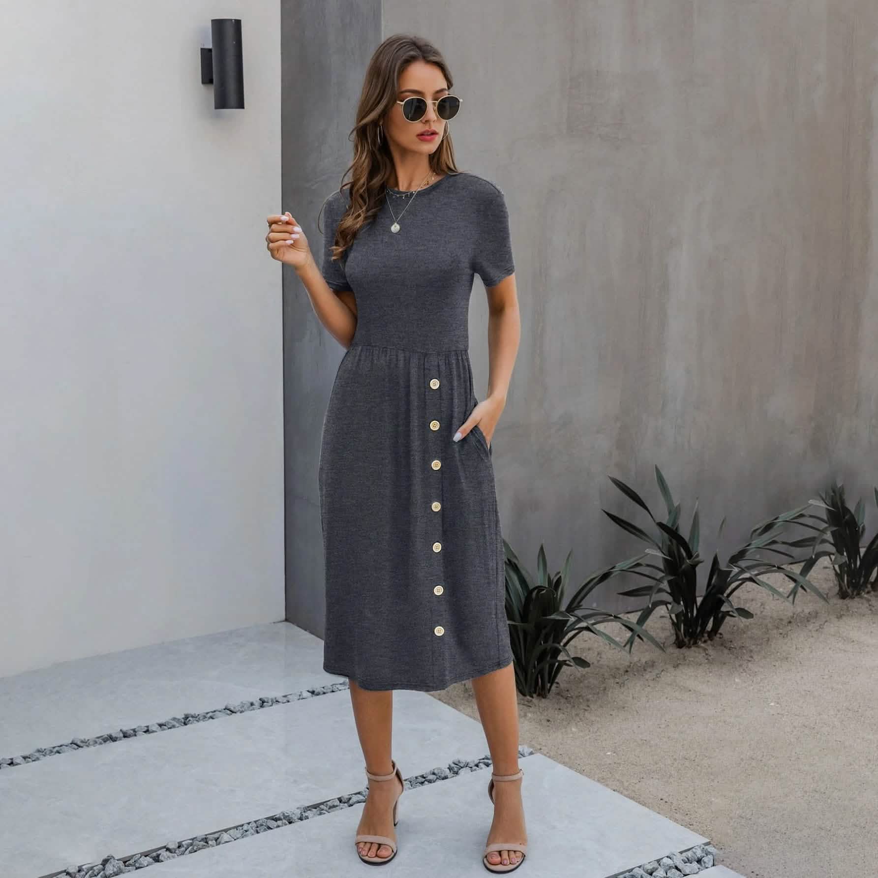 Slant Pocket Button Detail Dress DailySale