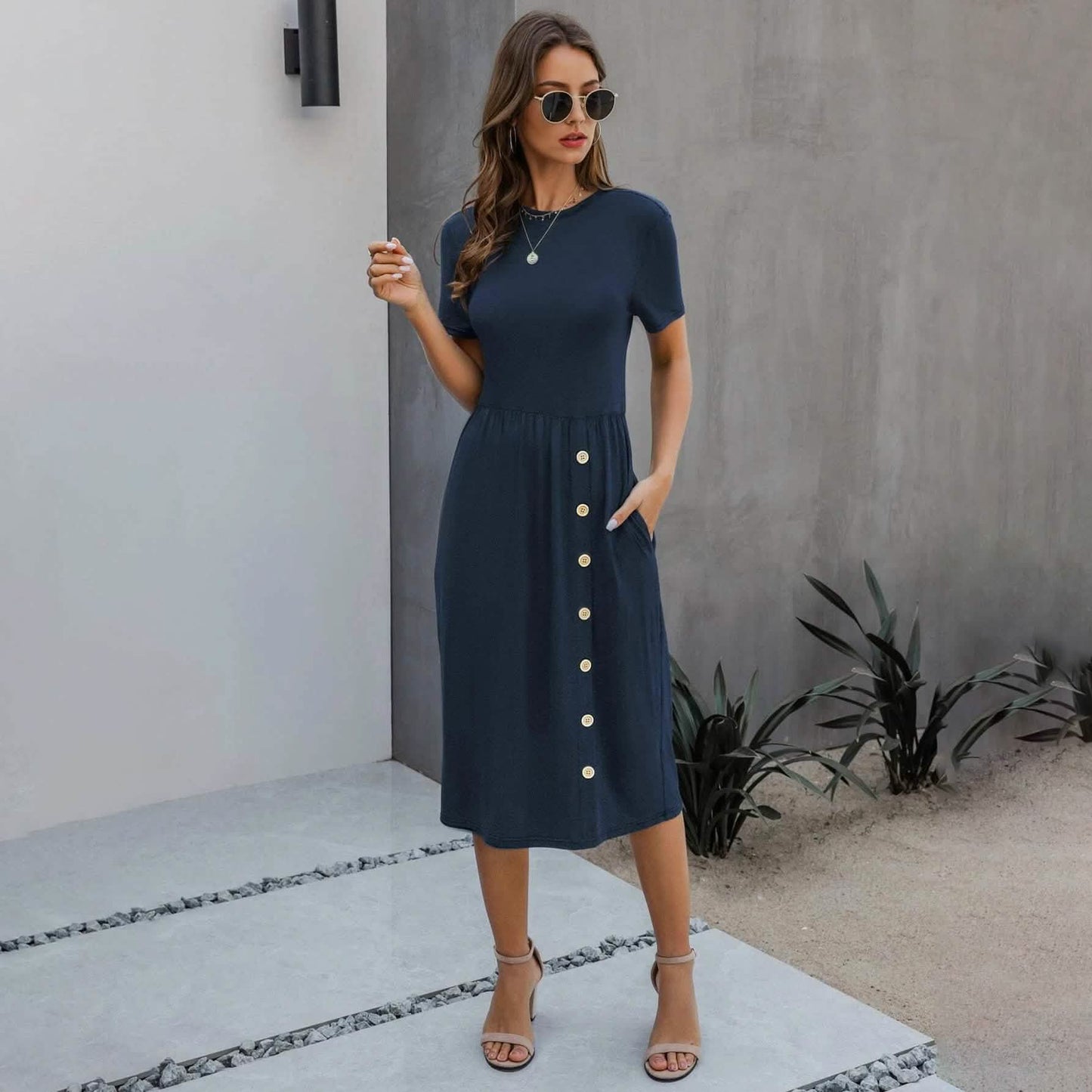 Slant Pocket Button Detail Dress DailySale