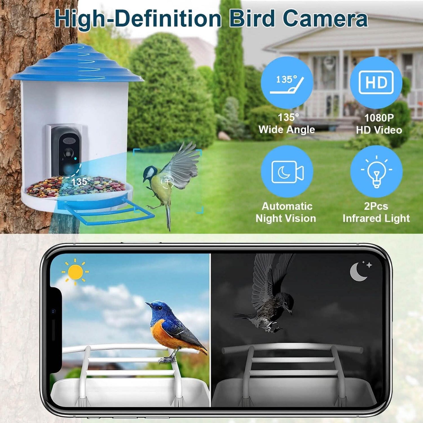 Smart Bird Feeder with Solar Powered Camera 1080P HD AI Identify PIR DailySale