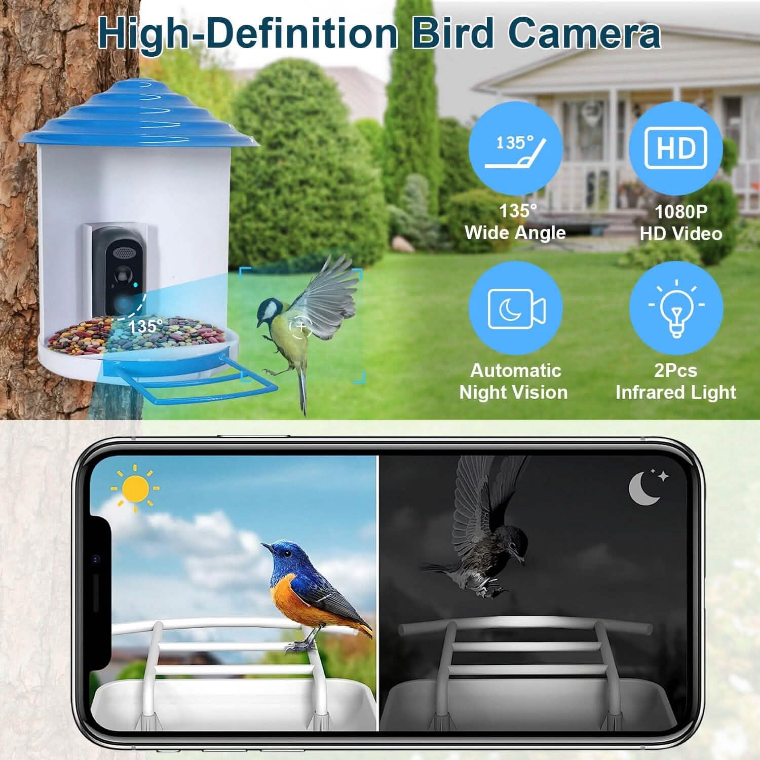 Smart Bird Feeder with Solar Powered Camera 1080P HD AI Identify PIR DailySale