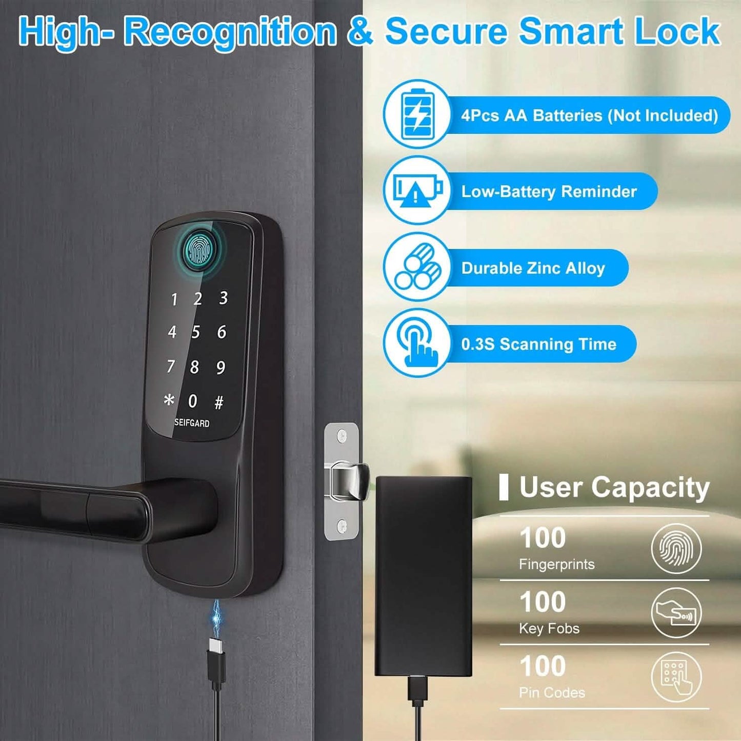Smart Door Lock with Handle Fingerprints Passcode Keys Fobs App Control DailySale