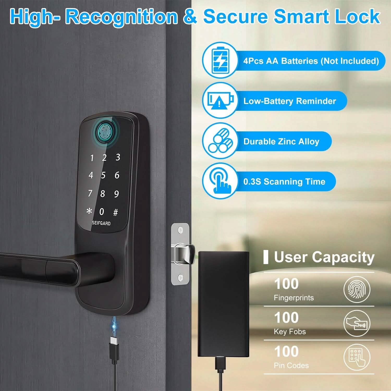 Smart Door Lock with Handle Fingerprints Passcode Keys Fobs App Control DailySale